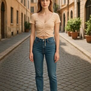 Madden Girl Short Sleeve Ruched Drawstring Crop Top‎ Light Peach Sz L NWT